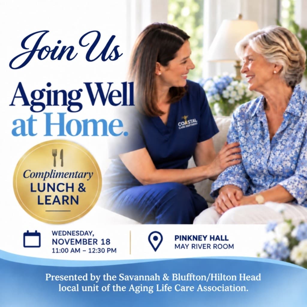 Join Us Aging Well at Home flyer for Wednesday, November 18 from 11:00 AM to 12:30 PM at Pinkney Hall, May River Room.