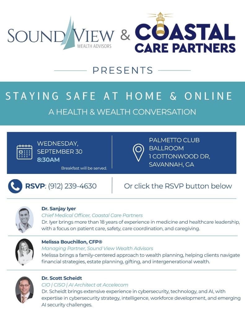 Flyer for Staying Safe at Home & Online on Wednesday, September 30 at 8:30 AM at the Palmetto Club Ballroom.